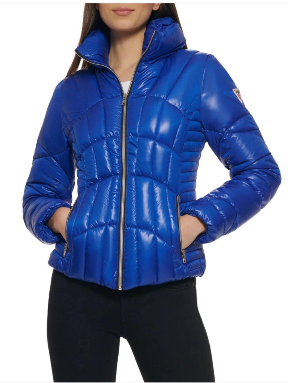 Guess Jacket Size S Blue Quilted Puffer Indigo Zip Up Pockets